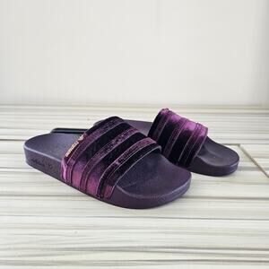 Adidas Adillette Women's Burgundy Red Gold Metallic Velvet Slide Size 6